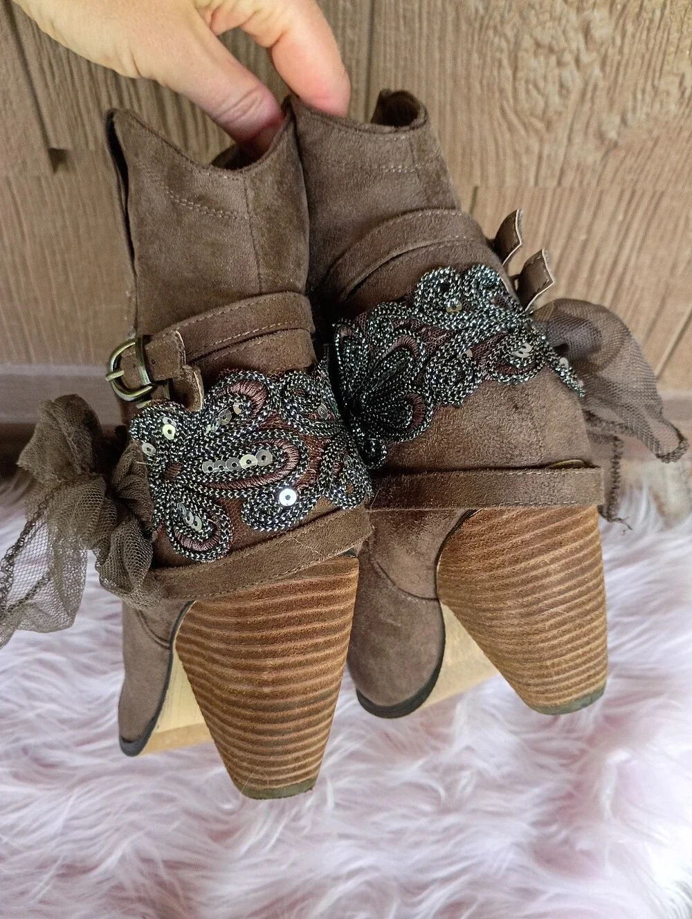 Not Rated Brown Western Studded Sequin Mesh Bow Belt Buckle Ankle Boots Booties